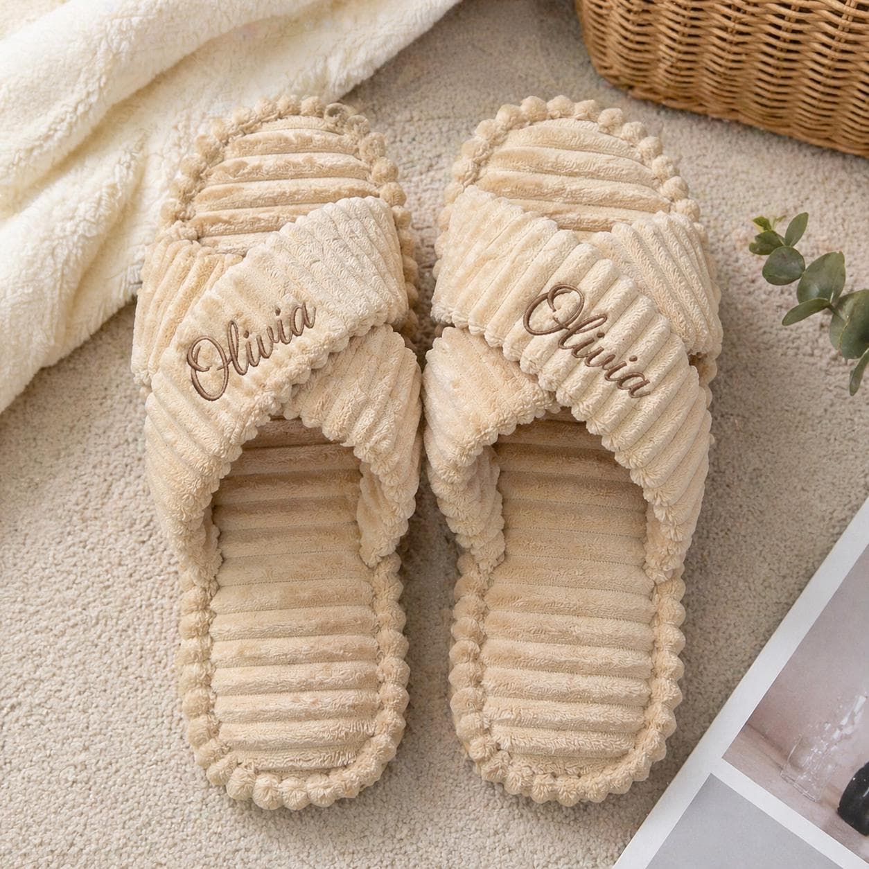 Personalized Plush Spa Slippers, Custom Name House Slippers, Bridesmaid Wedding Gift