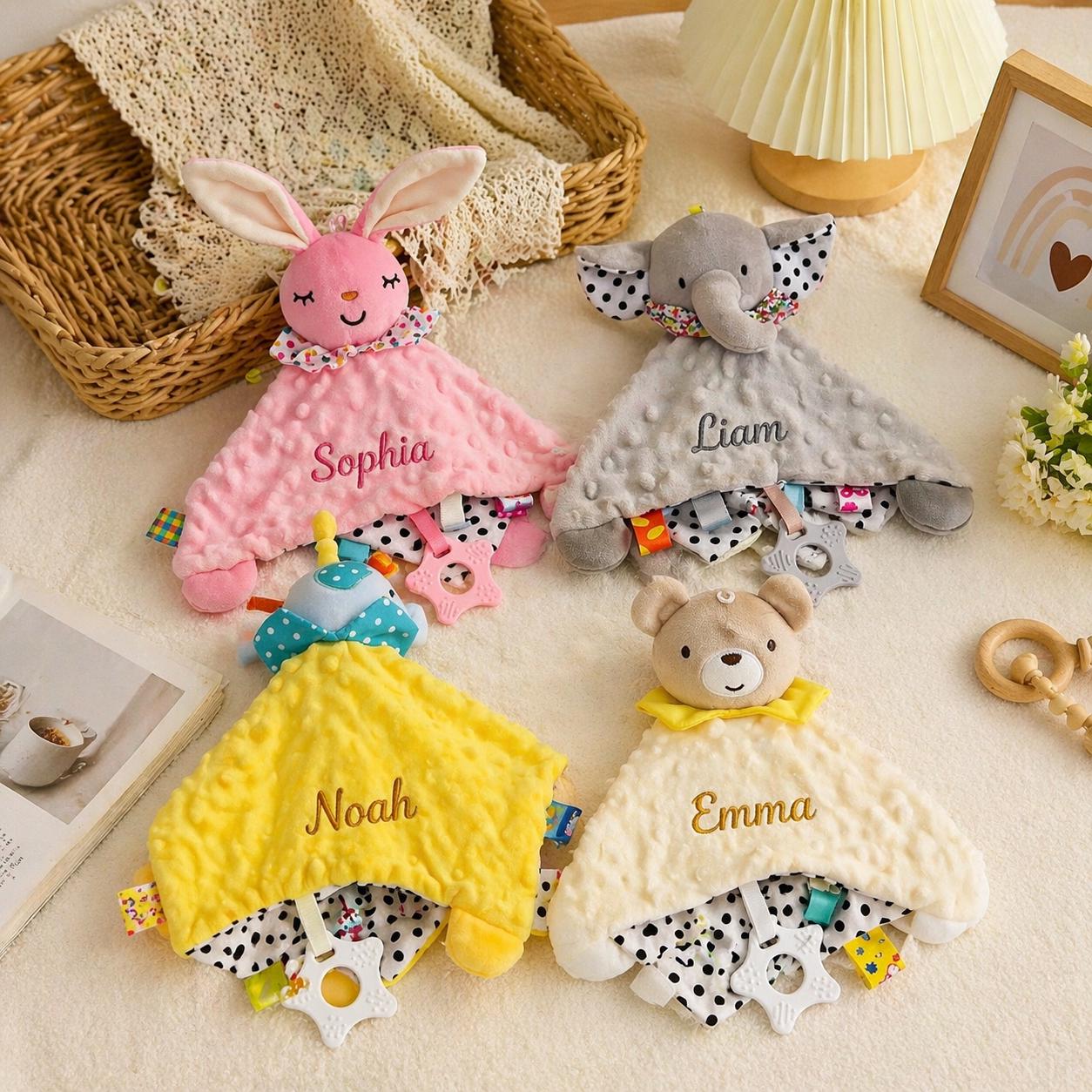 Personalized baby comfort blankets, soft comfort blankets, baby teething toys, custom embroidered comfort blankets, newborn gifts