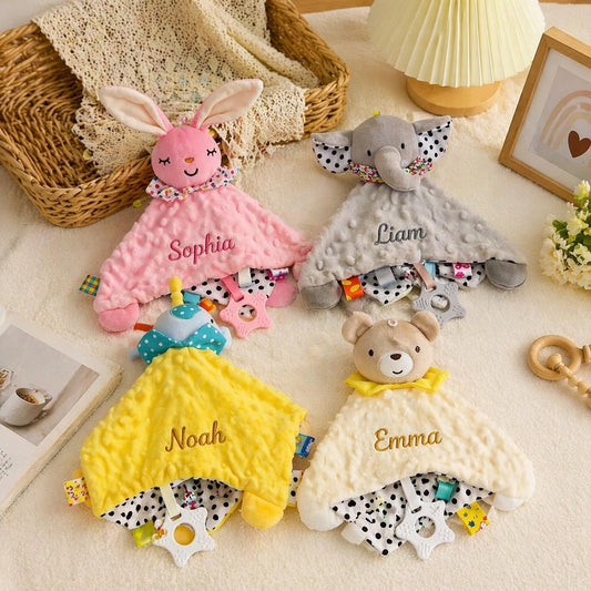 Personalisierte Baby-Kuscheldecken, weiche Kuscheldecken, Baby-Beißspielzeuge, individuell bestickte Kuscheldecken, Neugeborenen-Geschenke