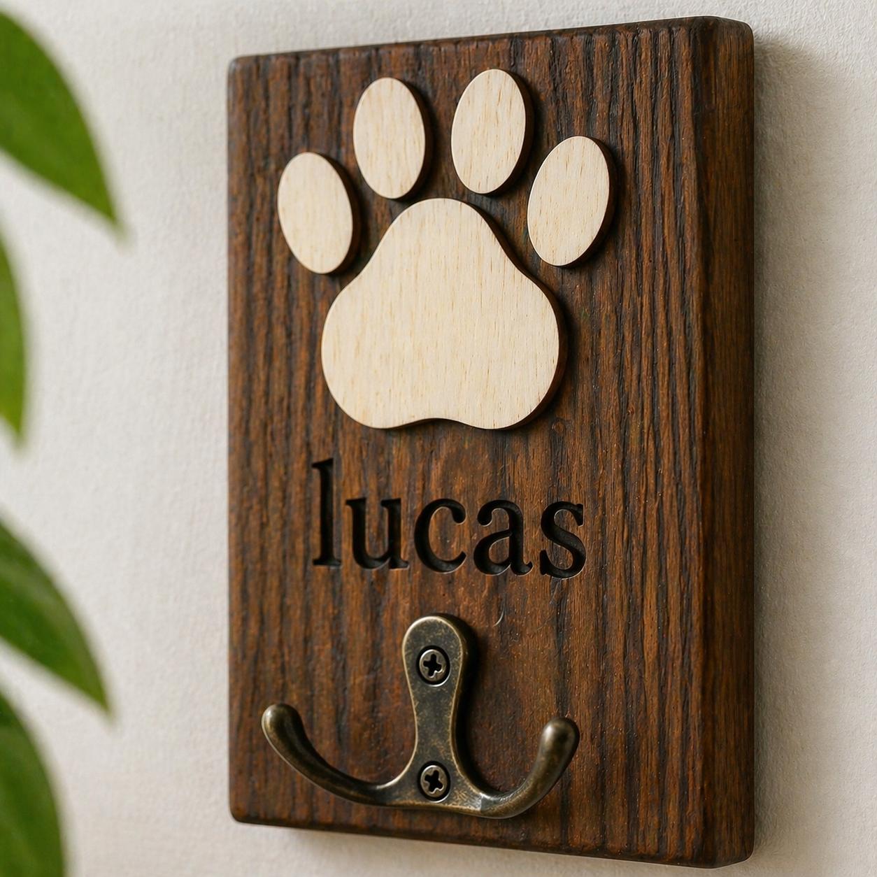 Personalized Paw Print Wooden Wall Hook – Custom Name Key Holder, Rustic Entryway Decor