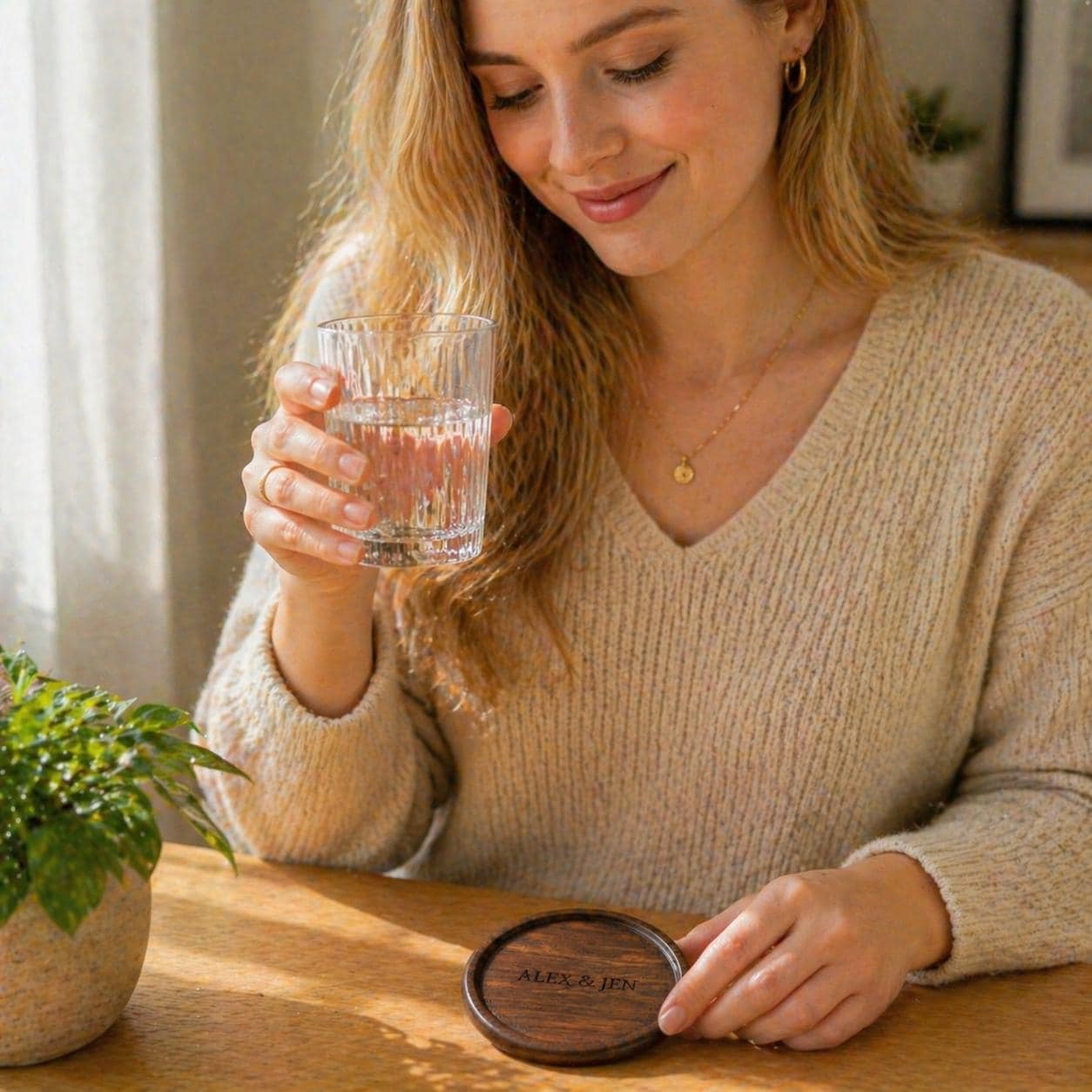 Personalized Wooden Coasters, Custom Engraved Name, Minimalist Rustic Home Decor
