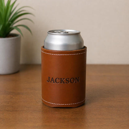 Personalized Leather Can Cooler, Custom Engraved Beer Koozie, Groomsmen Wedding Favor Gift