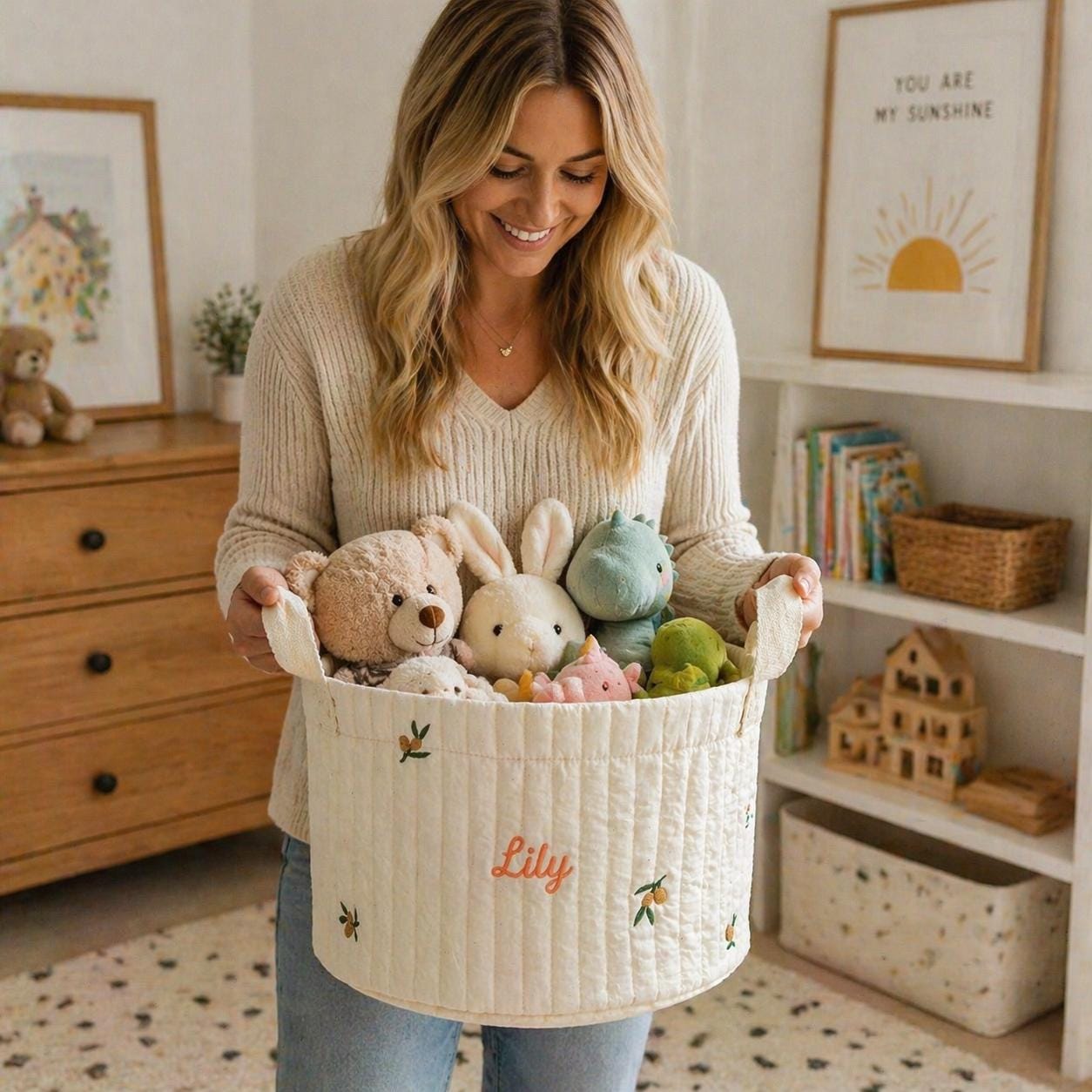 Personalized Quilted Cotton Storage Basket, Custom Name Embroidery Toy Bin, Nursery Decor