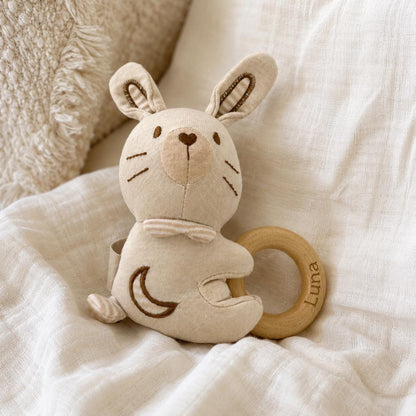 Personalized Baby Animal Rattle, Soft Plush Baby Rattle with Engraved Wooden Ring, Newborn Baby Shower Gift, Neutral Nursery Toy