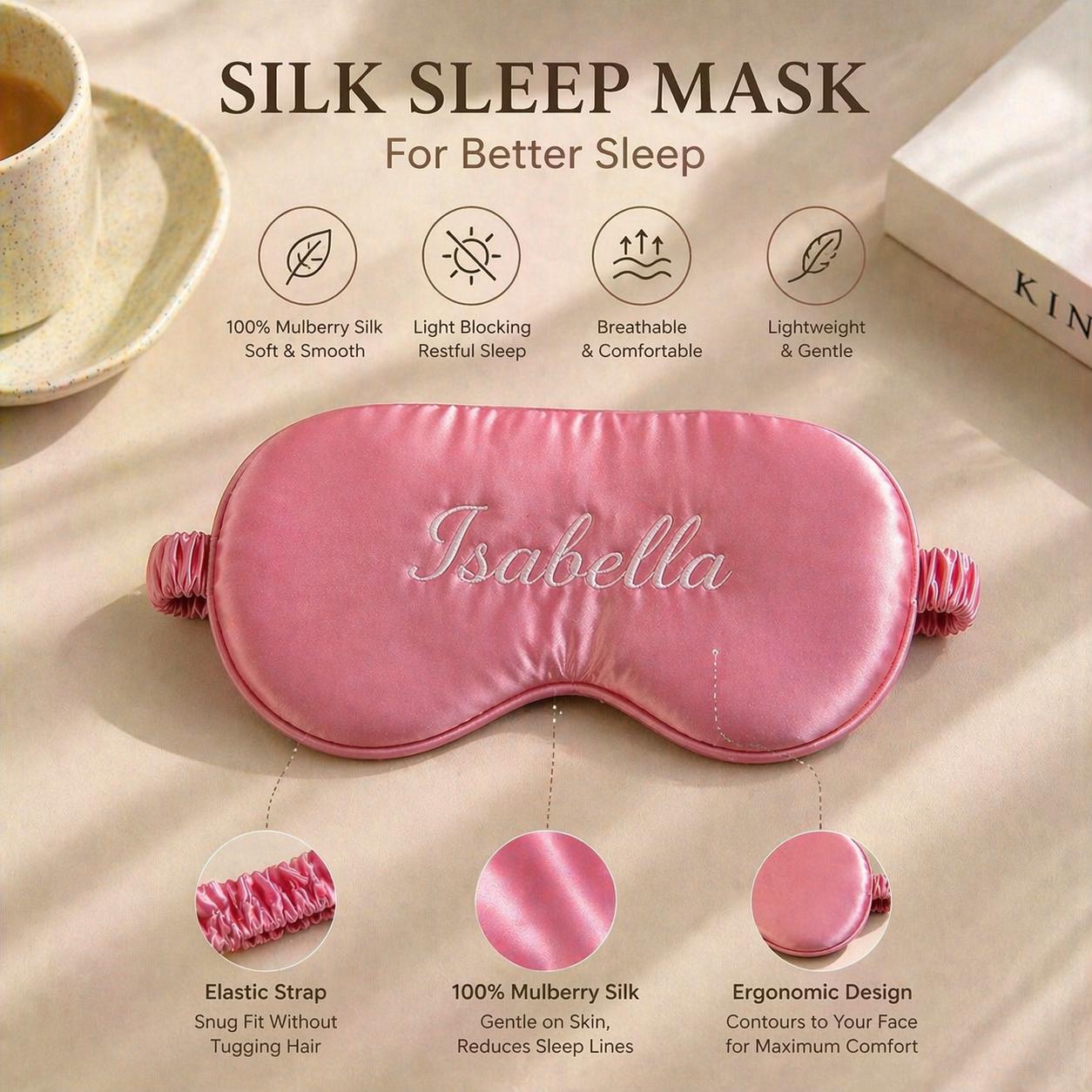 Personalized Silk Sleep Mask, Custom Embroidered Satin Eye Mask, Travel Pouch