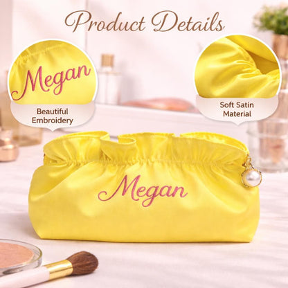Personalized Satin Cosmetic Bag, Custom Name Makeup Pouch, Bridesmaid Travel Toiletry Bag
