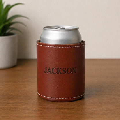 Personalized Leather Can Cooler, Custom Engraved Beer Koozie, Groomsmen Wedding Favor Gift