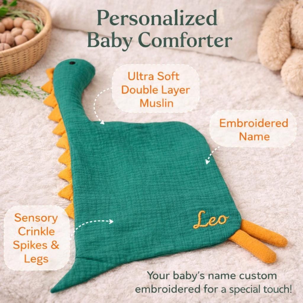 Personalized Dinosaur Muslin Lovey, Soft Cotton Security Blanket, Newborn Gift