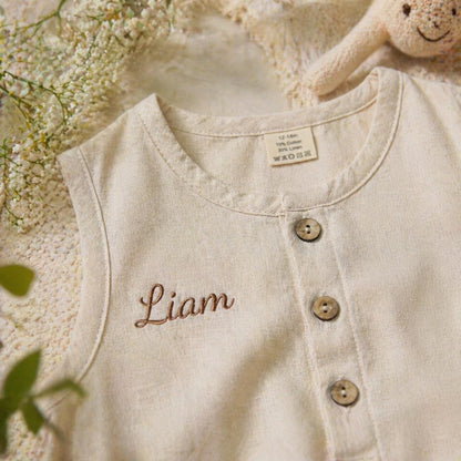 Personalized Baby Romper, Custom Name Embroidery Linen Cotton Romper, Baby Shower Gift, Summer Baby Outfit, Neutral Baby Clothes