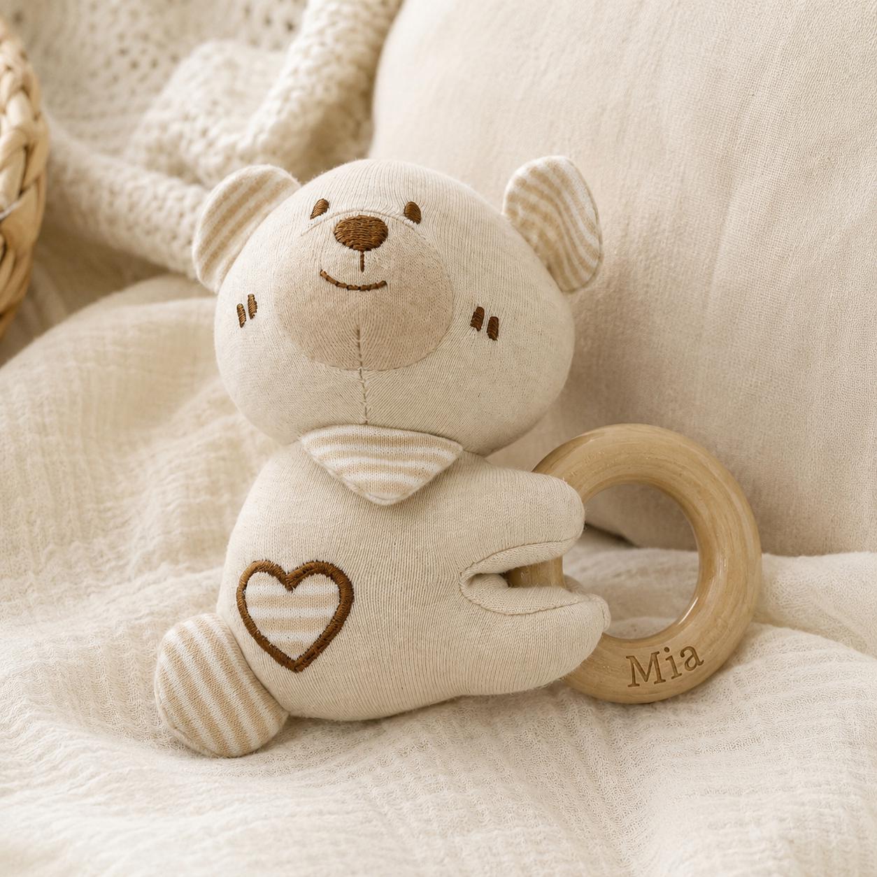 Personalized Baby Animal Rattle, Soft Plush Baby Rattle with Engraved Wooden Ring, Newborn Baby Shower Gift, Neutral Nursery Toy