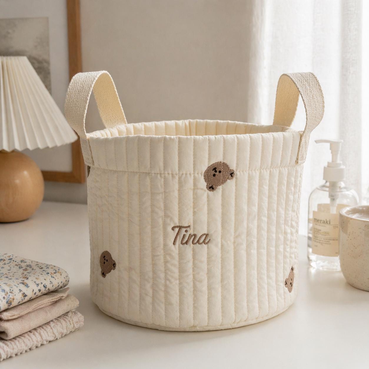 Personalized Quilted Cotton Storage Basket, Custom Name Embroidery Toy Bin, Nursery Decor