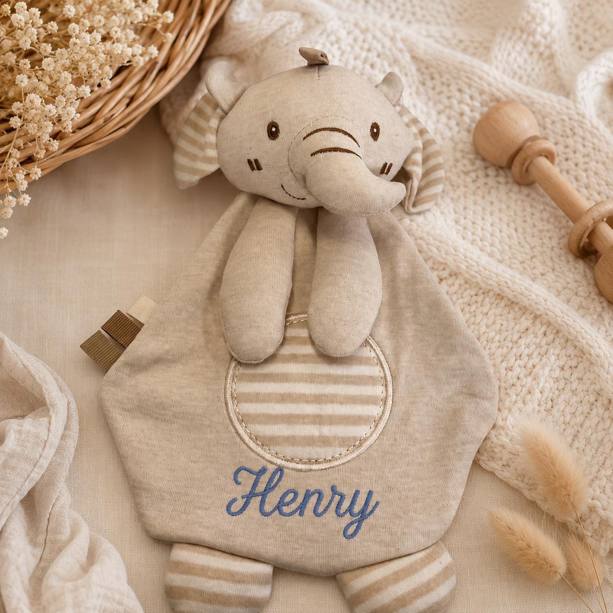 Personalized Baby Lovey Blanket, Organic Cotton Security Blanket with Crinkle Sound, Bunny Bear Elephant Comforter, Newborn Baby Shower Gift