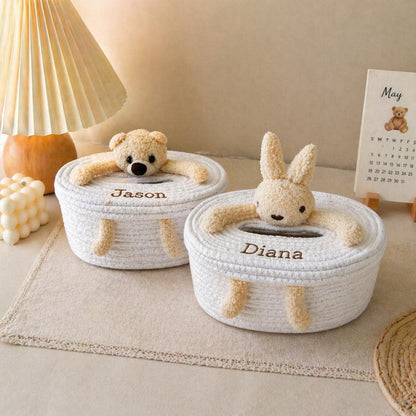 Personalized Plush Bear Bunny Tissue Box Cover, Embroidered Name Basket, Nursery Decor