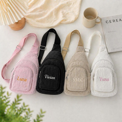 Bestickte Cord-Umhängetasche, personalisierte Mini-Sling-Bag