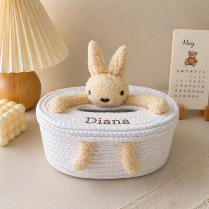 Personalized Plush Bear Bunny Tissue Box Cover, Embroidered Name Basket, Nursery Decor