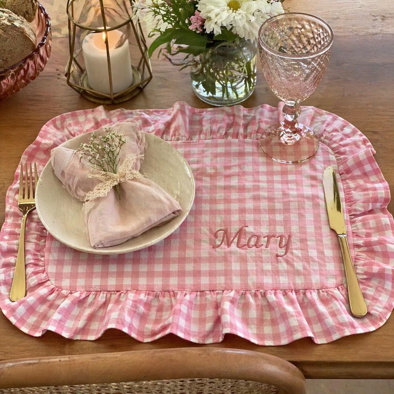 Personalized Linen Placemat, Custom Embroidered Ruffle Placemat, Romantic Table Setting, Wedding Gift, Bridesmaid Gift