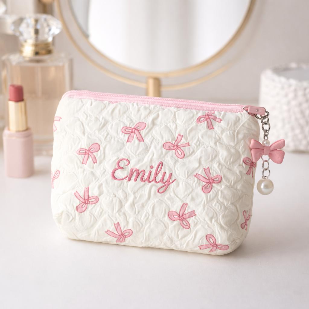 Personalized Embroidered Coin Purse: Quilted Bow Design, Custom Name