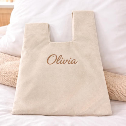 Personalized Velvet Tote Bag, Custom Embroidered Name Tote, Minimalist Shoulder Bag, Bridesmaid Gift, Gift for Her