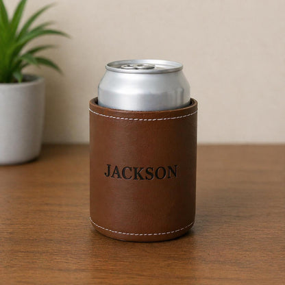 Personalized Leather Can Cooler, Custom Engraved Beer Koozie, Groomsmen Wedding Favor Gift