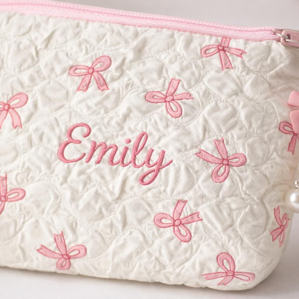 Personalized Embroidered Coin Purse: Quilted Bow Design, Custom Name
