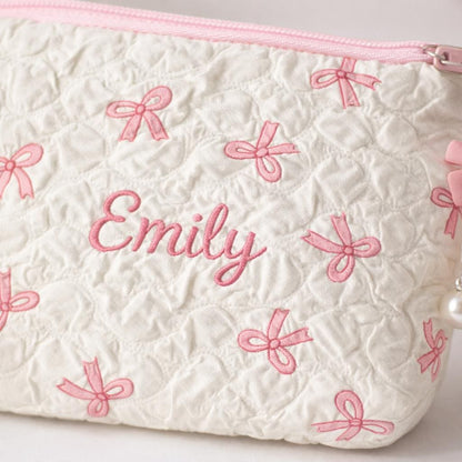 Personalized Embroidered Coin Purse: Quilted Bow Design, Custom Name