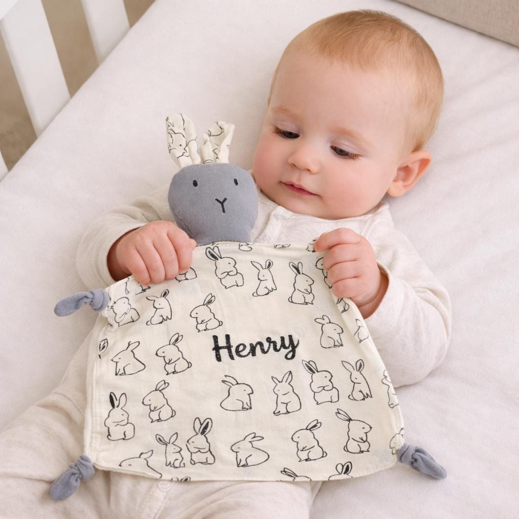 Personalisierter Kuschelbunny | Musselin-Schmusetuch mit Wunschnamen