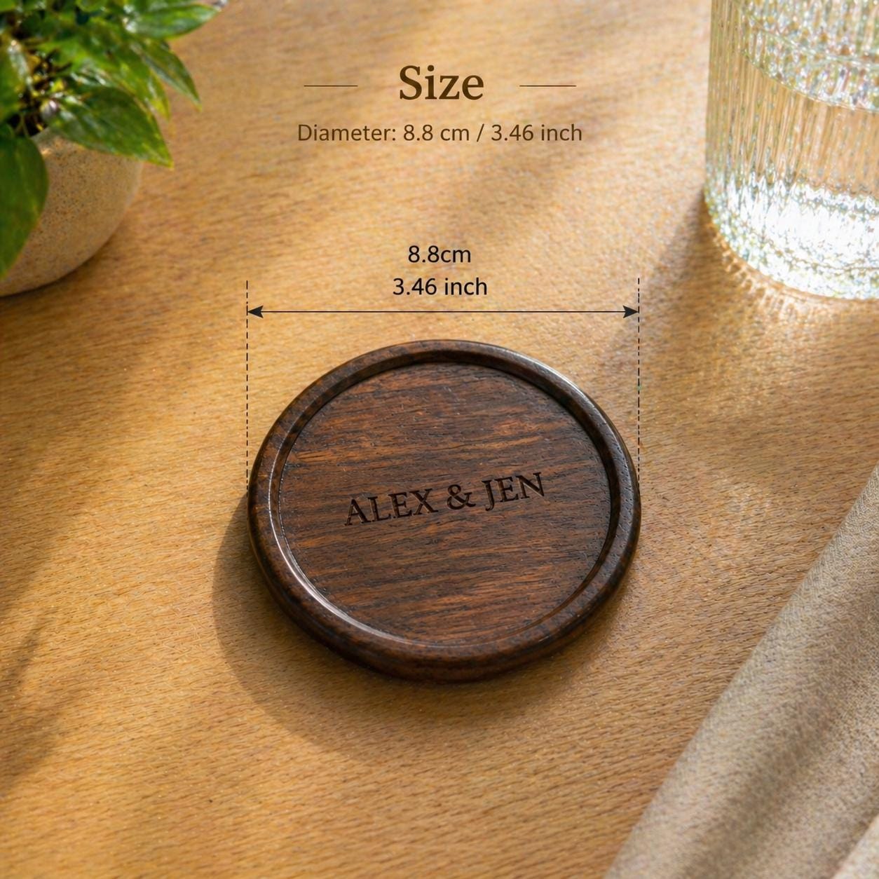 Personalized Wooden Coasters, Custom Engraved Name, Minimalist Rustic Home Decor