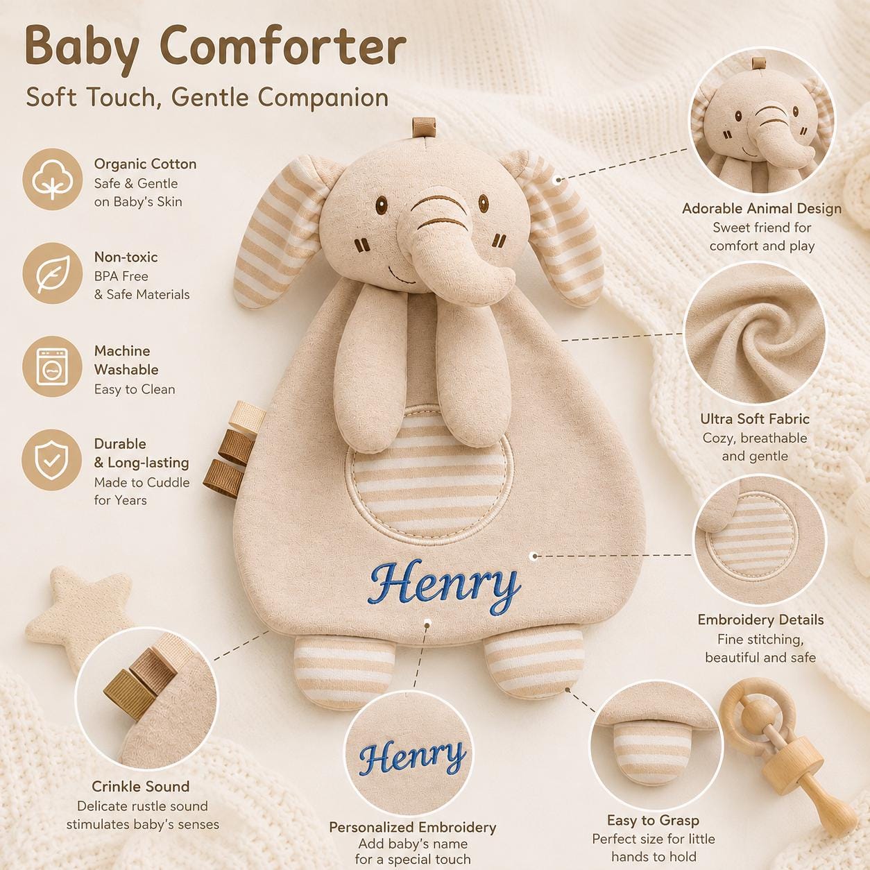 Personalized Baby Lovey Blanket, Organic Cotton Security Blanket with Crinkle Sound, Bunny Bear Elephant Comforter, Newborn Baby Shower Gift