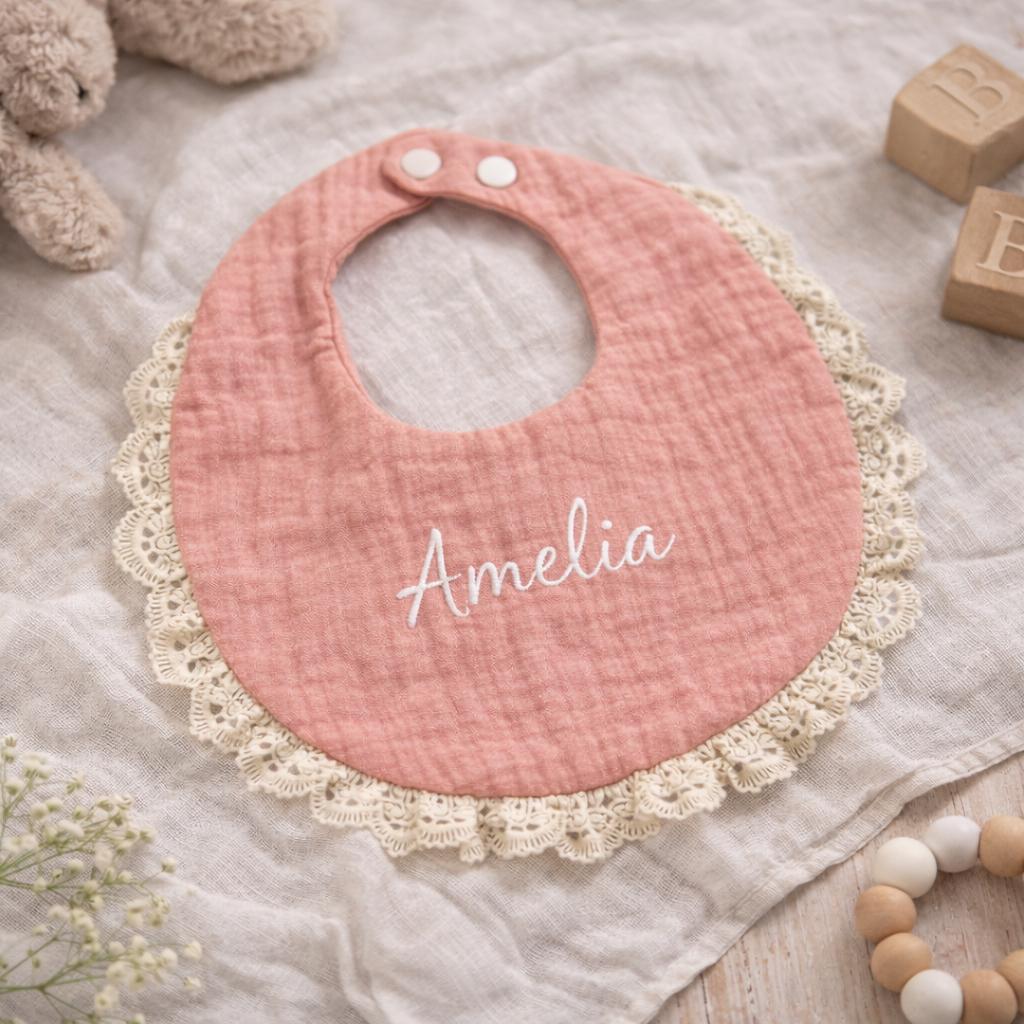 Personalized Lace Baby Bib, Custom Embroidered Name Bib, Cotton Gauze Drool Bib, Newborn Gift, Baby Shower Gift