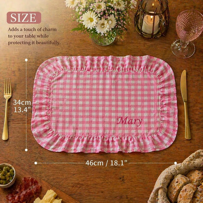 Personalized Linen Placemat, Custom Embroidered Ruffle Placemat, Romantic Table Setting, Wedding Gift, Bridesmaid Gift