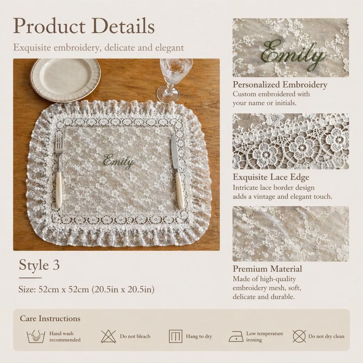Personalisierte Spitze Platzset, bestickter Name, Vintage Tischdeko, Hochzeitsgeschenk