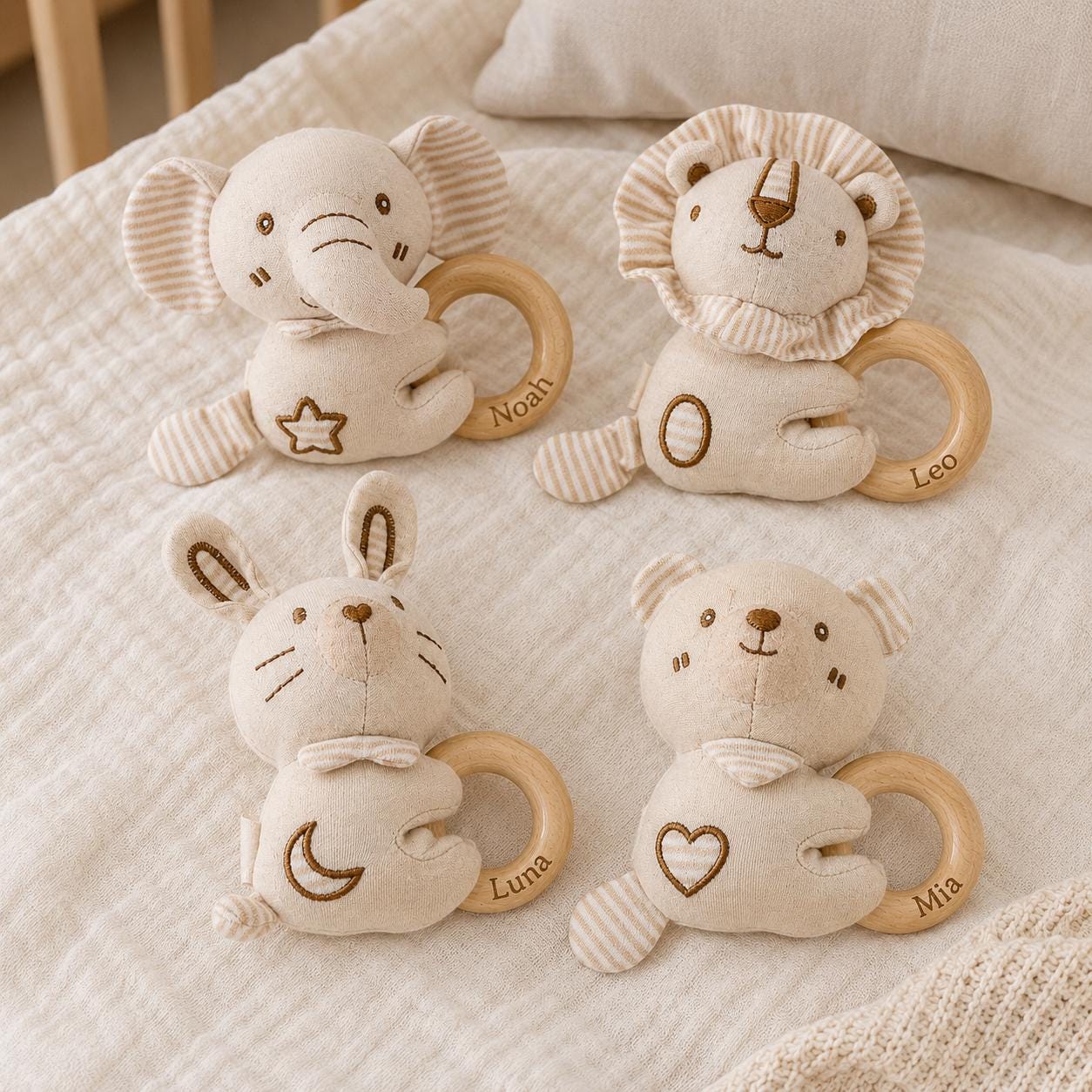 Personalized Baby Animal Rattle, Soft Plush Baby Rattle with Engraved Wooden Ring, Newborn Baby Shower Gift, Neutral Nursery Toy