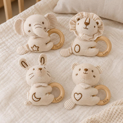 Personalized Baby Animal Rattle, Soft Plush Baby Rattle with Engraved Wooden Ring, Newborn Baby Shower Gift, Neutral Nursery Toy