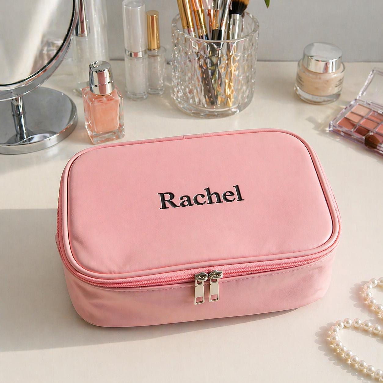 Personalized Leather Makeup Bag, Custom Name Toiletry Organizer, Travel Cosmetic Case