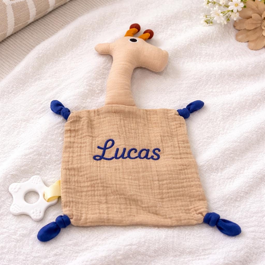 Personalized Baby Lovey with Teether, Custom Embroidered Security Blanket, Muslin Comfort Blanket, Newborn Gift, Baby Shower Gift