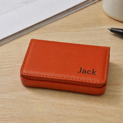 Personalized Leather Business Card Holder, Slim Minimalist Pocket Wallet, Custom Engraved Name Case