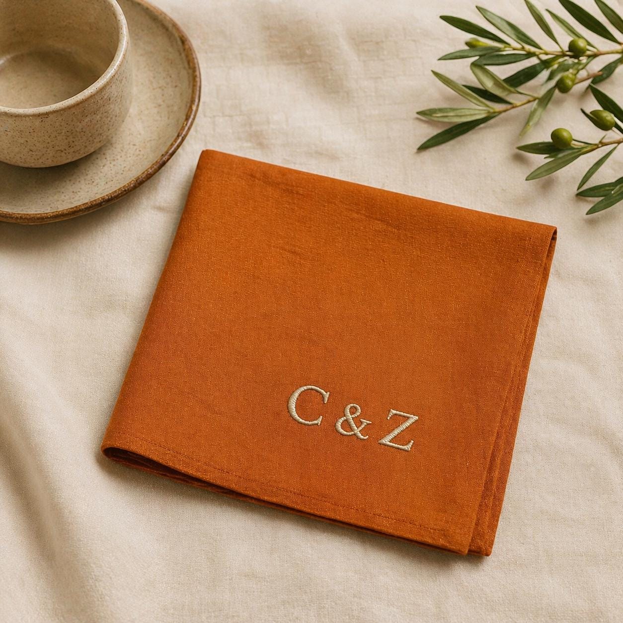 Personalized Linen Handkerchief, Custom Embroidered Cotton Pocket Square, Wedding Gift