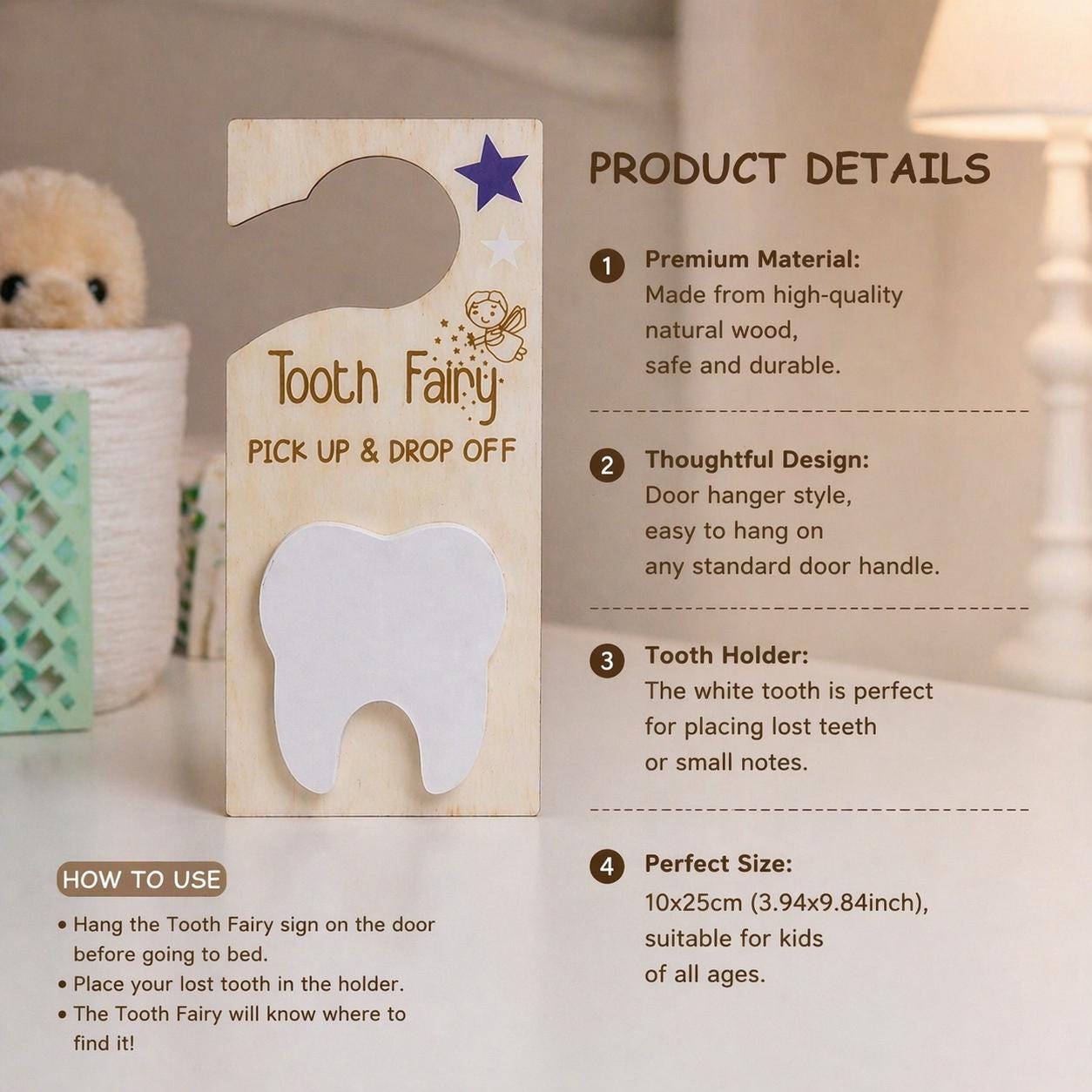 Personalized Tooth Fairy Hanger, Wooden Sign with Pouch, Kids Holder