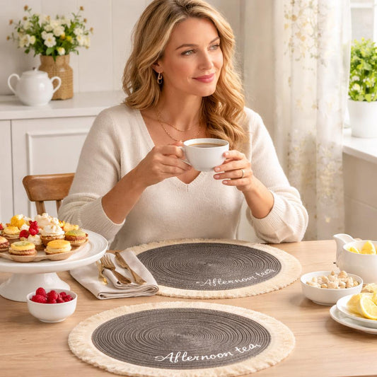 Personalisierte bestickte runde Platzmatte, Boho-Tischdeko mit Baumwollfransen, Hochzeitsgeschenk