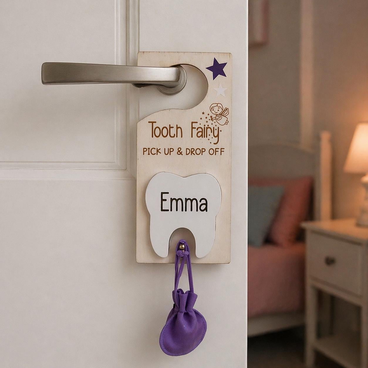Personalized Tooth Fairy Hanger, Wooden Sign with Pouch, Kids Holder