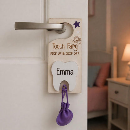 Personalized Tooth Fairy Hanger, Wooden Sign with Pouch, Kids Holder