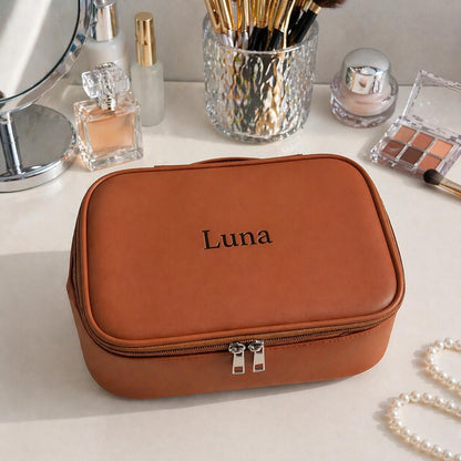 Personalized Leather Makeup Bag, Custom Name Toiletry Organizer, Travel Cosmetic Case