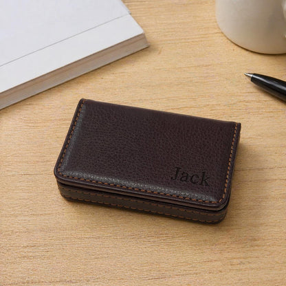 Personalized Leather Business Card Holder, Slim Minimalist Pocket Wallet, Custom Engraved Name Case