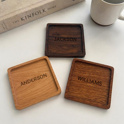 Personalized Wooden Coaster, Custom Name Engraved Square Drink Coaster – Minimalist Home Decor