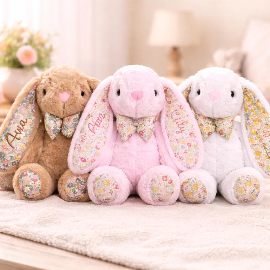 Personalized Bunny Plush Toy, Custom Embroidered Easter Bunny, Floral Rabbit Stuffed Animal, Baby Shower Gift, Newborn Keepsake