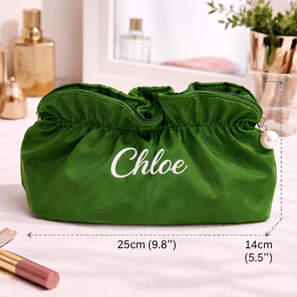 Personalized Satin Cosmetic Bag, Custom Name Makeup Pouch, Bridesmaid Travel Toiletry Bag