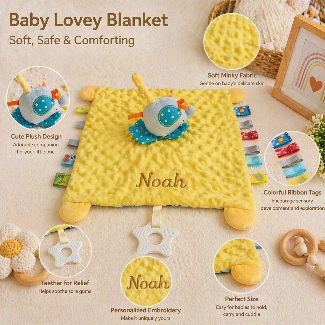 Personalized baby comfort blankets, soft comfort blankets, baby teething toys, custom embroidered comfort blankets, newborn gifts