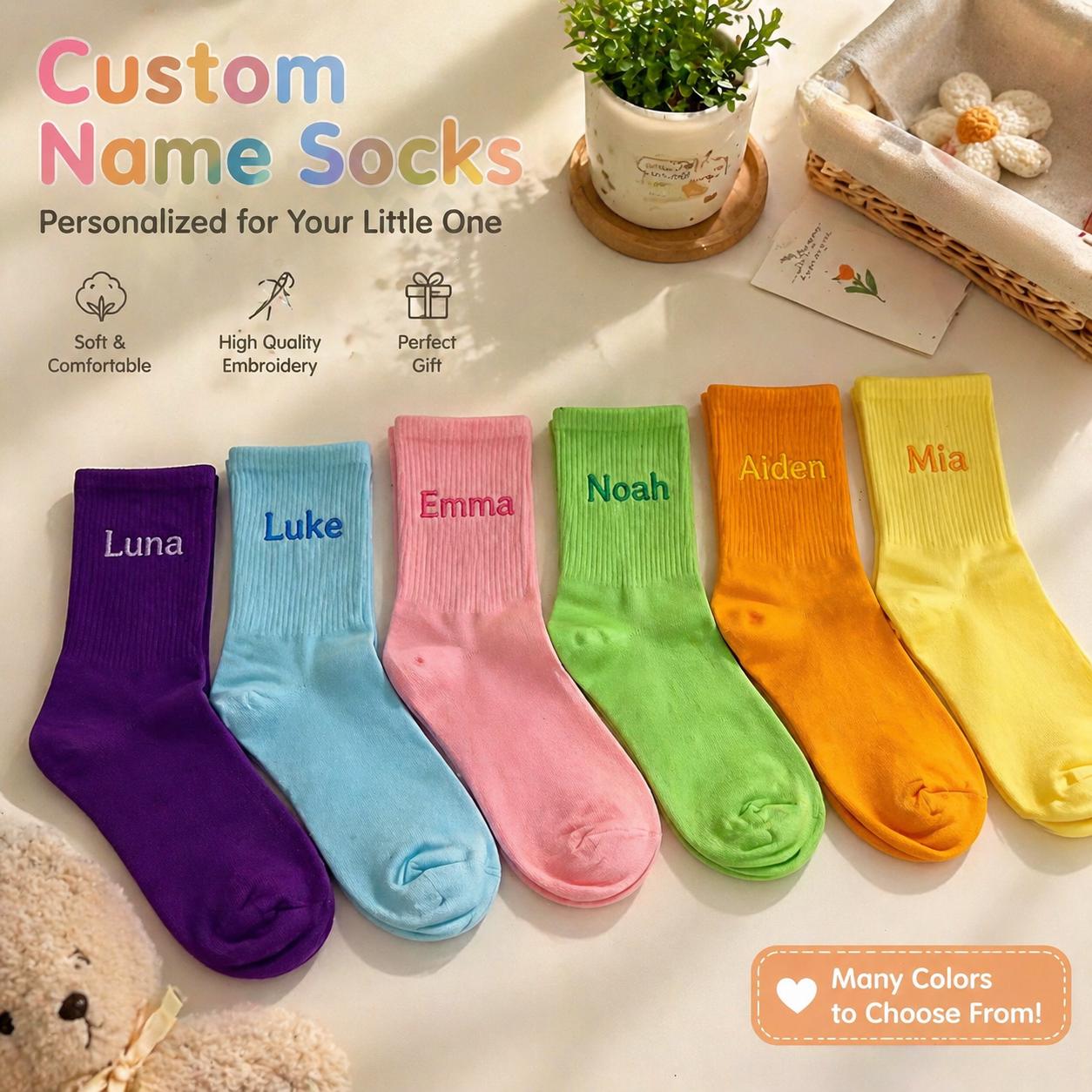 Personalized Embroidered Cotton Crew Socks for Children, Custom Name Toddler Gift