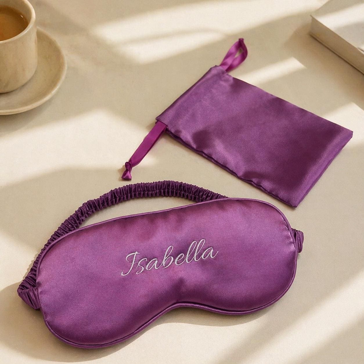 Personalized Silk Sleep Mask, Custom Embroidered Satin Eye Mask, Travel Pouch