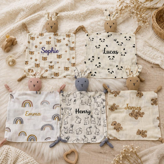 Personalized Bunny Baby Lovey, Custom Embroidered Security Blanket, Muslin Comfort Blanket, Newborn Baby Gift, Baby Shower Gift